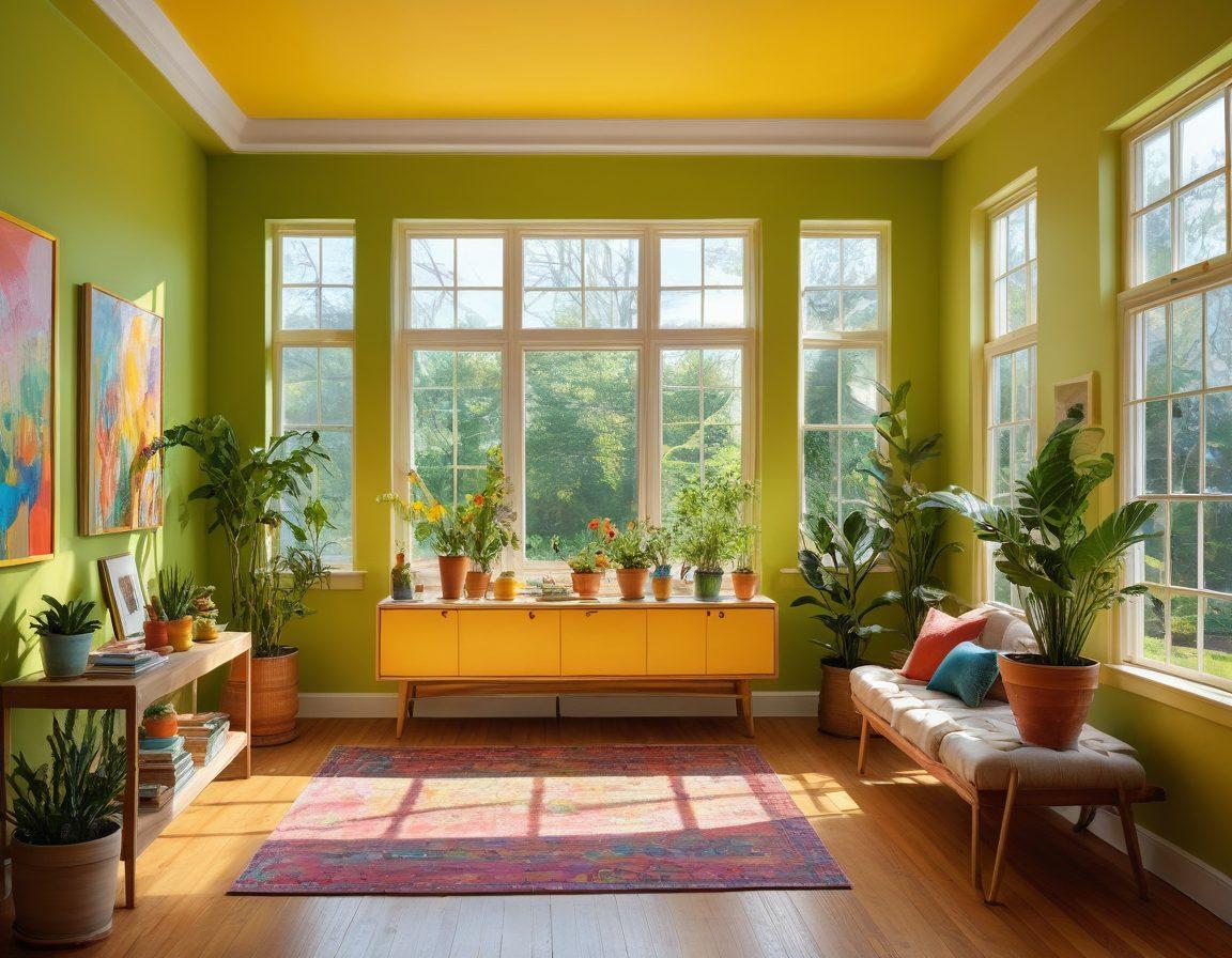 A vibrant, whimsical art gallery filled with colorful paintings and sculptures that evoke joy and creativity. Various people of diverse backgrounds interacting with the art, some sketching, others smiling, creating a sense of blissful expression. Bright, inviting lighting accentuates the colors of the artworks, with lush green plants integrated into the space. An open window allows sunlight to flood in, creating a warm, uplifting atmosphere. paint splashes and artistic doodles in the background. vibrant colors. super-realistic.