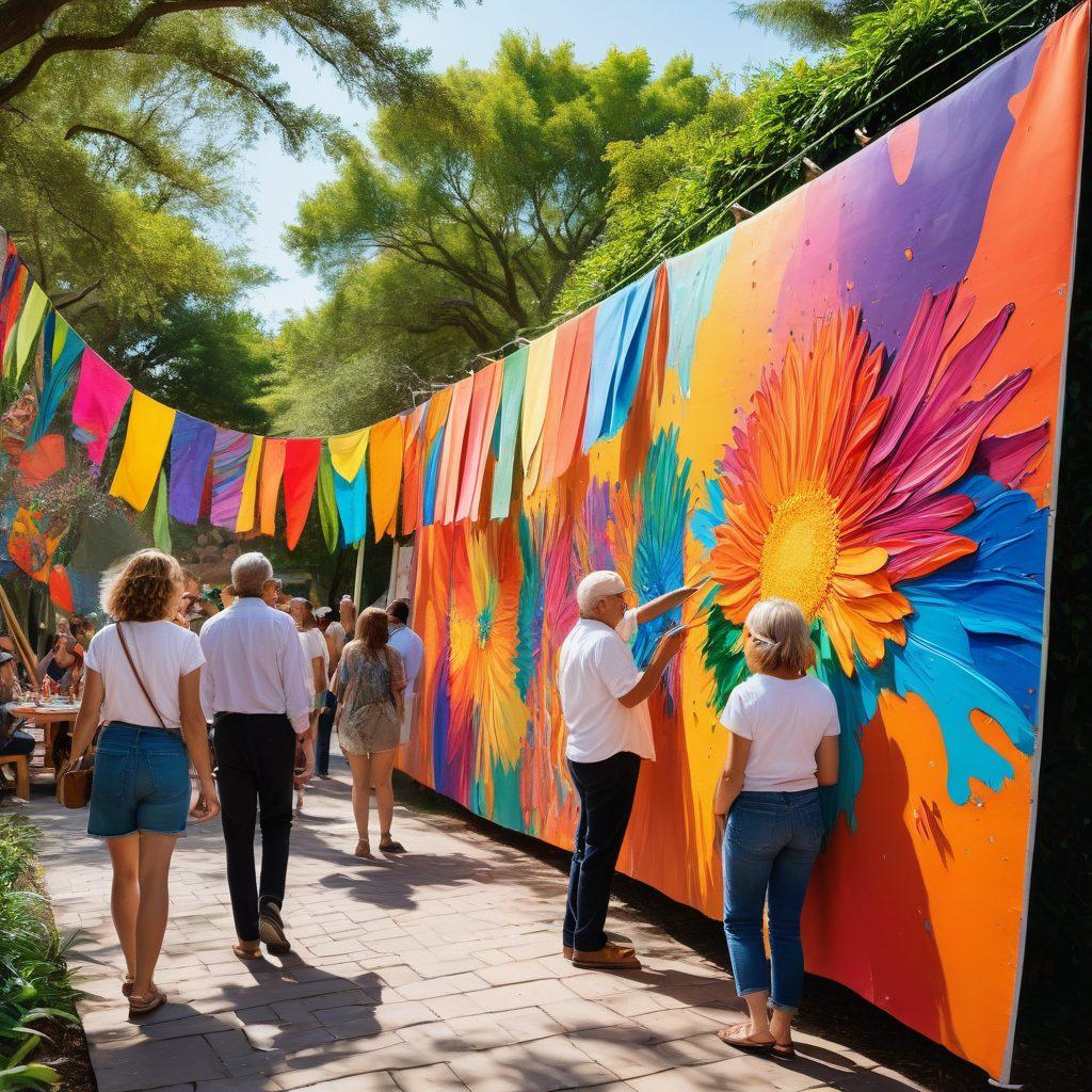 A vibrant scene of a bustling art community, showcasing diverse talented artists painting and sculpting in a lively outdoor exhibition, with colorful banners and playful art installations. Include visitors interacting with the artworks, smiling and appreciating the creativity around them. The atmosphere should be cheerful and energetic, filled with splashes of color and textured artworks. super-realistic. vivid colors. outdoor setting.