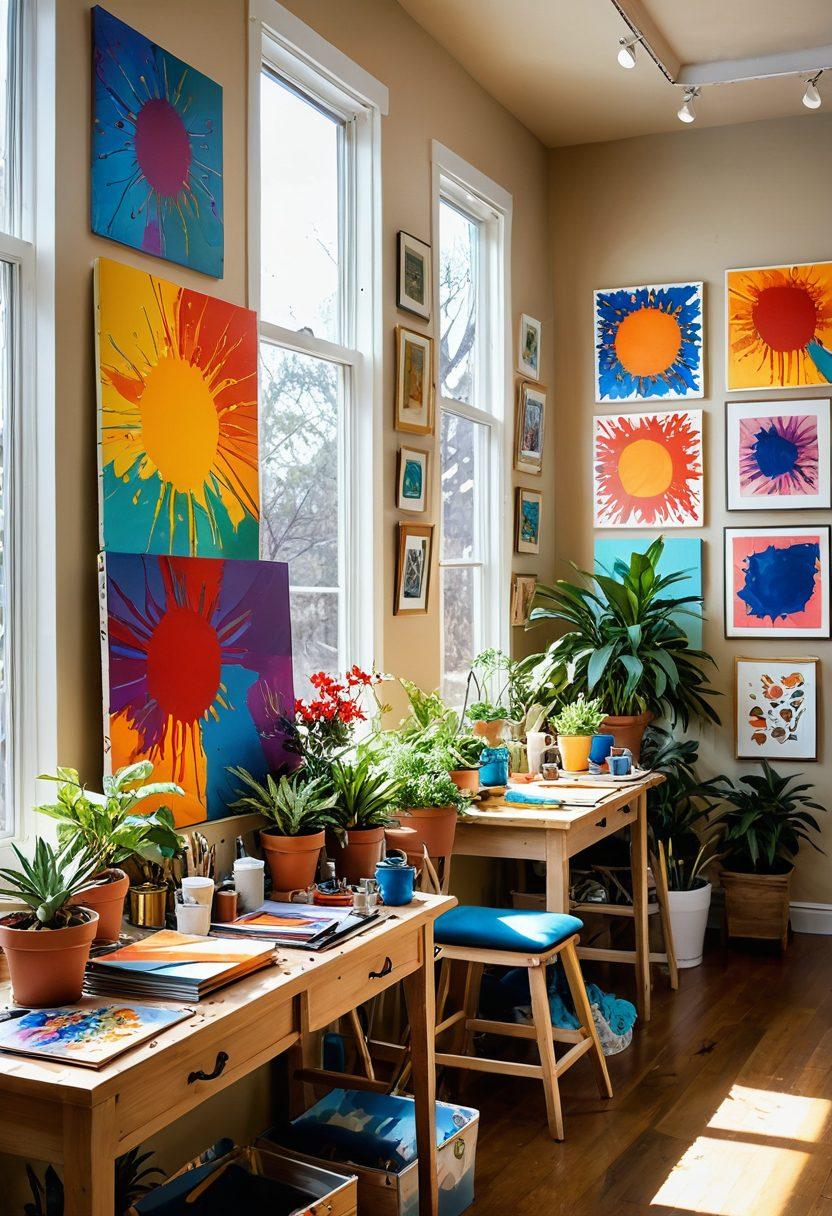 A vibrant art studio filled with colorful canvases and paint splatters, showcasing diverse artists passionately creating their masterpieces. Sunlight floods through large windows, illuminating a cozy corner with a comfortable seating area adorned with artistic décor. The walls are a collage of different art styles, from abstract to pop art, reflecting the joy of creative expression. Include elements of nature, such as potted plants, to convey a serene atmosphere. super-realistic. vibrant colors. warm lighting.
